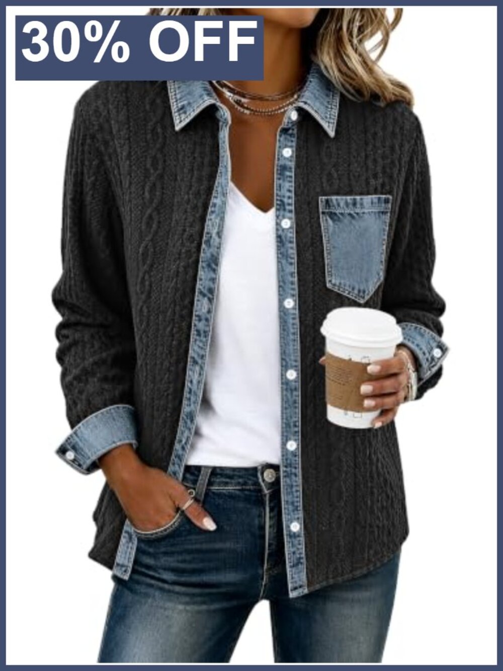 Women's Denim Patchwork Button Down Shacket Loose Fit Casual Jacket